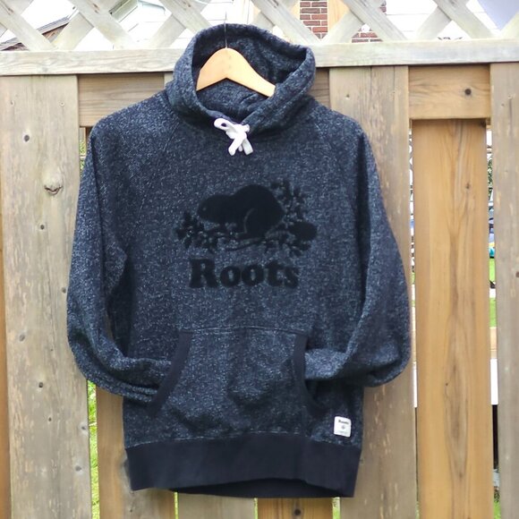 ROOTS CANADA Sweater Size Small Salt and Pepper Hoodie Velvet Beaver Logo - Picture 1 of 11